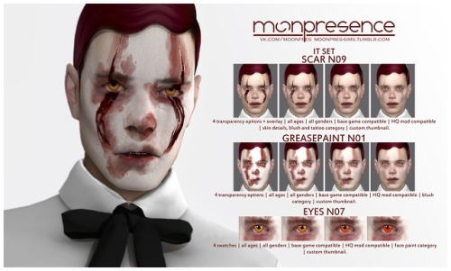 moonpres-sims: IT SET: SCAR N09, GREASEPAINT N01, EYES N07T.O.U.- do not re-upload my cc without my 