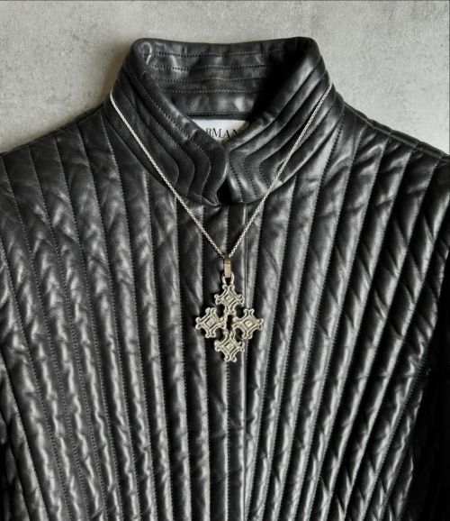 Armani Collezioni A/W 2002Black Radiant Leather Jacket Paired With 1980s Artisanal Parisian Relic Cross
