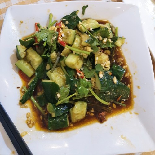 Spicy shrimp, stir-fried clams and cucumber salad in Sanya, Hainan
