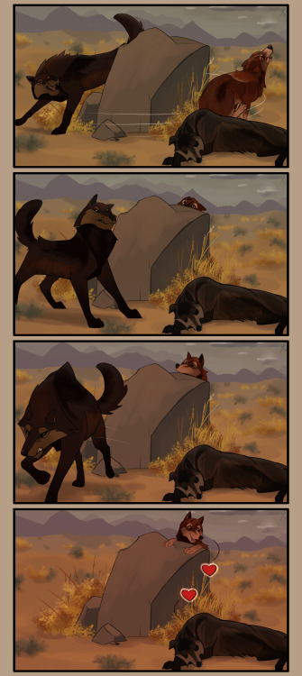 A little WolfQuest comic featuring adult Rowan, based on how he met his mate Dolly, in the game. One