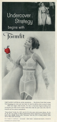 gameraboy:  1958 Fashion Lingerie Ad, Formfit’s “Romance Bra” &amp; “Dress-sized Girdle,” Shapely Woman Holding Apple by classic_film on Flickr.