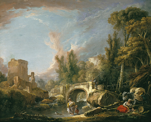 River Landscape with Ruin and Bridge, 1762, Francois BoucherMedium: oil,canvaswww.wikiart.or