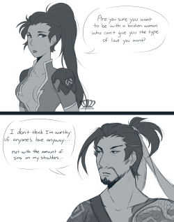 princessharumi:  Amelie doesn’t think she’s capable of loving anymore whilst Hanzo thinks he’s undeserving of anyone’s love because of all the sins he’s committed in his life. But love is something they both long for and haven’t realized it