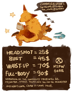 foxtroupe:  hi! it’s been a while so I am opening commissions again, if you are interested please send me a message through chat or an ask for more details! For now I am opening 5 slots and I will edit this post once it is filled, any signal boost would