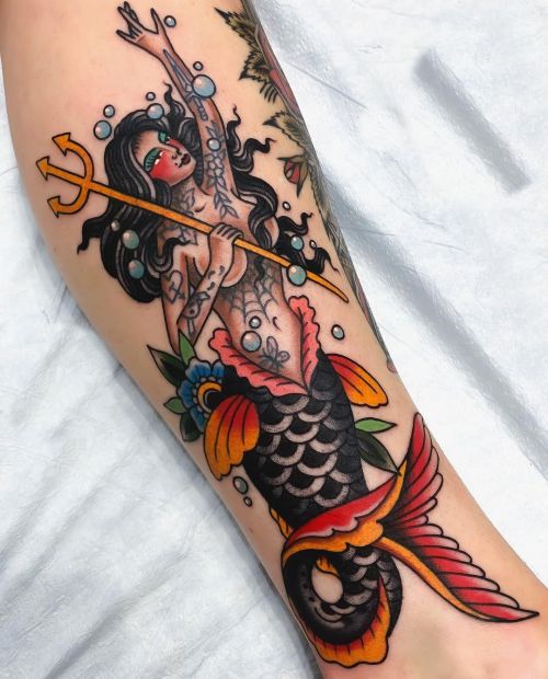 Tattoo tagged with: mermaid, trad, trident 