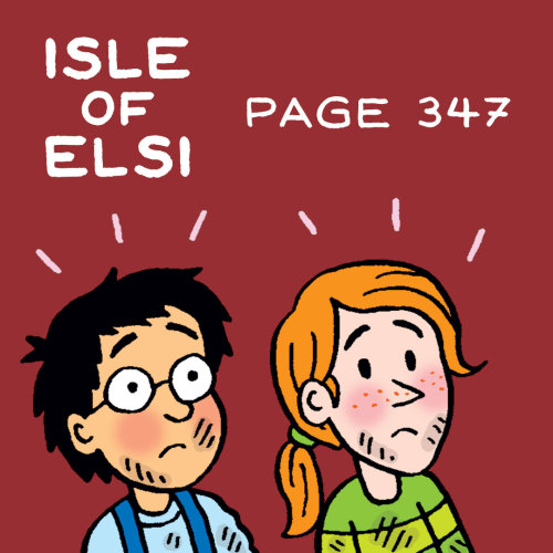 Sally and Rex looked surprised with a bright red background. Text reads: "Isle of Elsi Page 347”