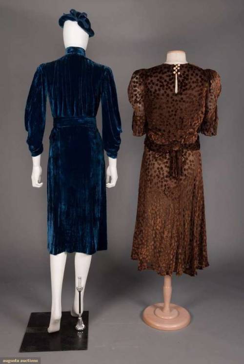 TWO VELVET AFTERNOON DRESSES, 1938-1940s2 velvet 1940s afternoon dresses: 1 royal blue crushed cotto