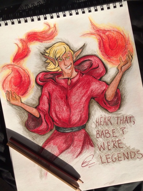 artbyizzi:light em the fuck up[image: a colored pencil drawing of Lup, a tanned elf with short blond