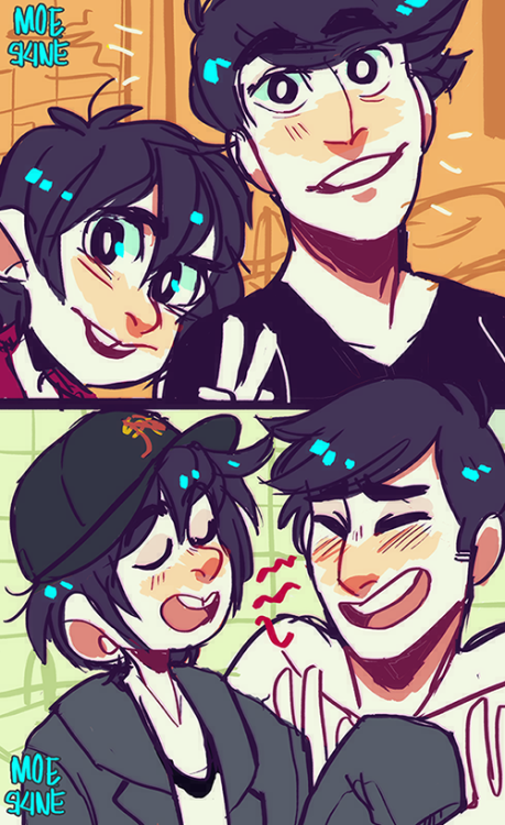 moeskine:  featuring tadashi’s black v neck and a clothes switch. hiros tee is so tiny for tadashis dorito ratio so he didnt even tried