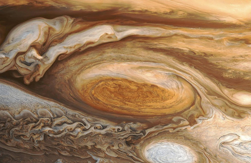 just–space:Jupiters Great Red Spot, magnificent and opalescent and utterly gigantic. Reprocess