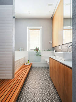remodelproj:Wood slat platform / step connecting tub &amp; shower - softens the hard surfaces of the bathroom