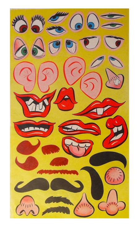 Scotch Tape, Funny Faces ad, 1940s. Cut and affix these items to a head form with tape. Via Christia