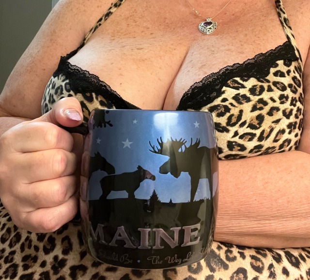 purplemoon17:Tuesday Tittie day!  Had some nice coffee this morning only thing missing was @bigmanvegas123   I really need to shave. Sorry for the stubble!!  Super stressed today. But putting positive vibes out there!!