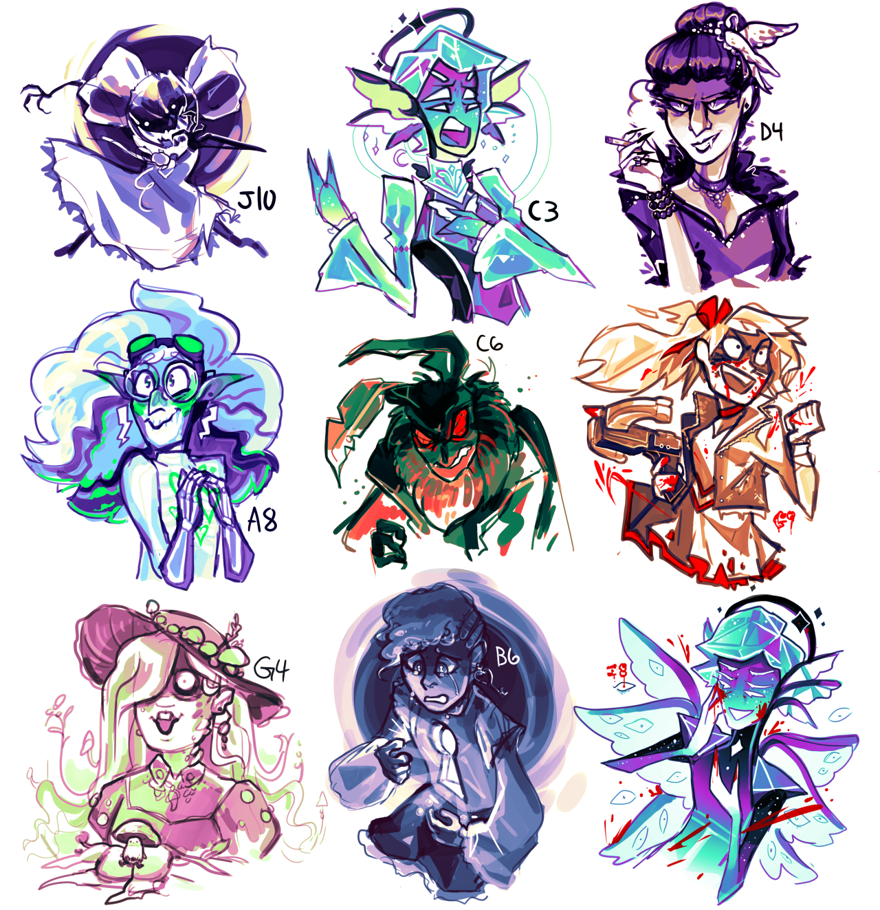 RP discord helped me to beat my artblock by picking out some character expressions off a maymay for me to do, twas a blast \o/ #id post the meme here but  #i literally never post about my ocs lol  #might still do it for fanart reason if nothing else? #artsy whispers #this was immensely satisfying to do and somehow reawoke my inner desire to make a webcomic  #something about redrawing characters with lots of personality and keeping them recognizable while having poses and expressions fresh  #one of these days. one of these days i say #ginger vitis#prism phosphenes#odile tchaikovsky#xeno cherenkov#rowan carter#shirley young#shyloh moores#lorna babcock