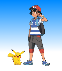 levifold:  With those scans from CoroCoro coming out today announcing the new Pokemon Sun &amp; Moon anime series, I thought I’d do a bit of editing of the game protagonist with Ash’s new look, and chucked Pikachu in, because Ash needs his bestest