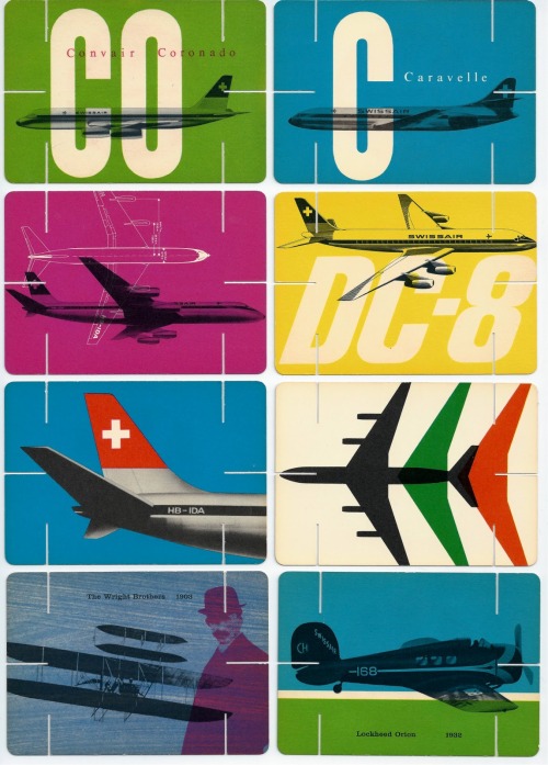 Swissair promotional cards for “on board” gaming, 1960s. Via PastPrint