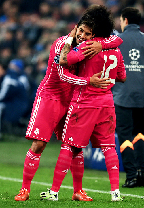 perda-archive:Marcelo celebrates scoring with Real Madrid’s Lucas Silva during the last sixteen, fir