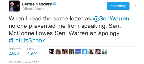 berniesrevolution:  Bernie Sanders and other Dem senators read the same letter that Elizabeth Warren was silenced for, daring the Republicans to do the same to them. Then called out Republicans for the double standard when they didn’t AND IT WAS GLORIOUS!