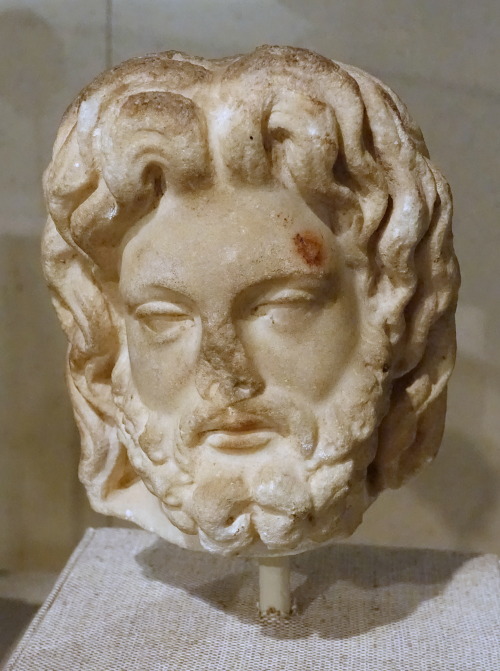 Marble head of the Roman deity Jupiter.  Artist unknown; 2nd cent. CE.  Now in the Spurlock Museum, 