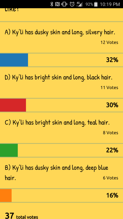 mistyflust:  This one was really close, but dusky skin and silver hair edged out a win.  Will have the next question in a moment.