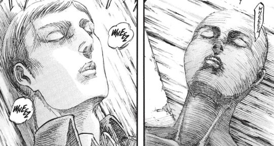 didanwhisperer:   There’s already debate on who will get the serum. Will it be Armin? Will it be Erwin? Either way no one seems to care that Bertolt is right there too, in the same page as Armin and Erwin, as a potential person to get the falling axe.