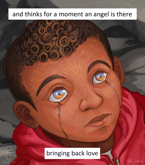 A close up of the child's face, with the kite reflecting in his eyes, tears running down his face. The child's face is painterly. Some text says: "and thinks for a moment an angel is there, bringing back love"