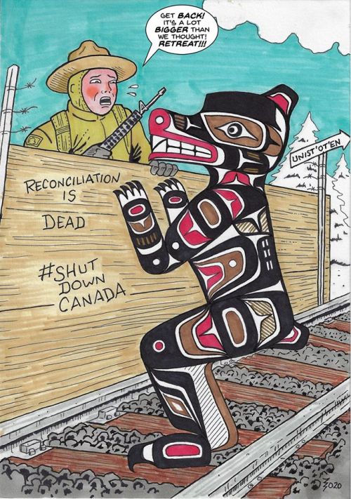 Kwakwaka’wakw artist Gord Hill depicts militarized RCMP raids on unceded Wet’suwet’en Nation territo