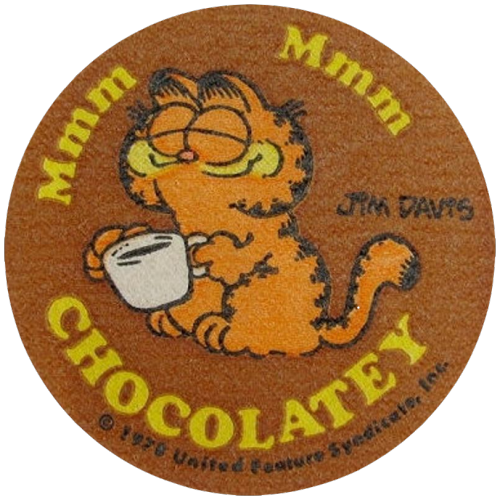 A brown chocolate scented sticker featuring cartoon cat Garfield, holding a mug with his eyes closed