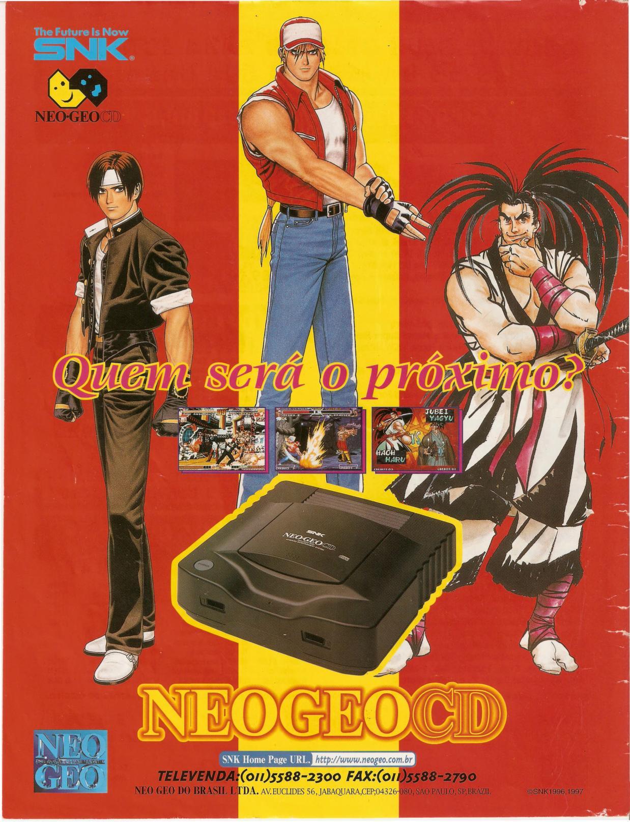 ‘Neo Geo CD - “Who Will Be the Next One?”‘
[’The King of Fighters ‘97’ ; ‘Real Bout Fatal Fury Special’ ; ‘Samurai Shodown IV: Amakusa’s Revenge’]
[NGCD] [BRAZIL] [MAGAZINE] [1998]
• SuperGamePower, February 1998 (Vol. 4, #47)
• Scanned by Jason...