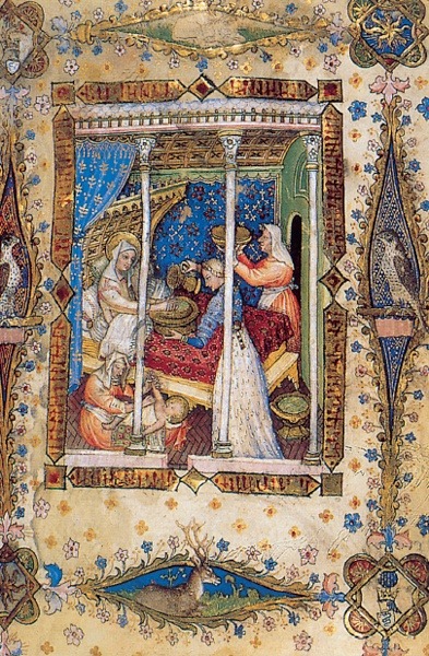 “La Natività della vergine” miniature from the Visconti Book of Hours by  Giovannino de’