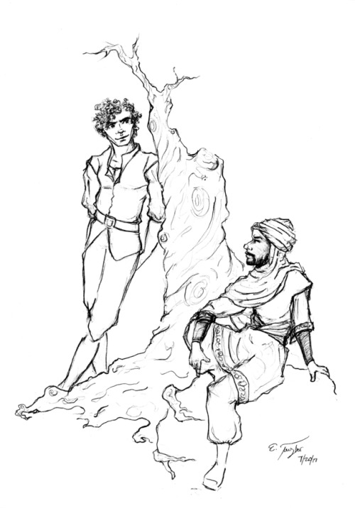 fairytaleandfanart:Dinadan and Palomides.  The latest in my apparently never ending Squire’s Tales f
