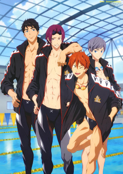 artbooksnat:  New Free! Eternal Summer poster with the Samezuka boys in Animage Magazine (10/2014) illustrated by animation director Shoko Ikeda (池田晶子).  