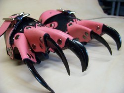 strongholdleather:Pretty in Pink! (shhh I really like 80’s movies) So you can be adorable while you disembowel your enemies. These were a custom order, and that shade of pink was hand-mixed and painted.