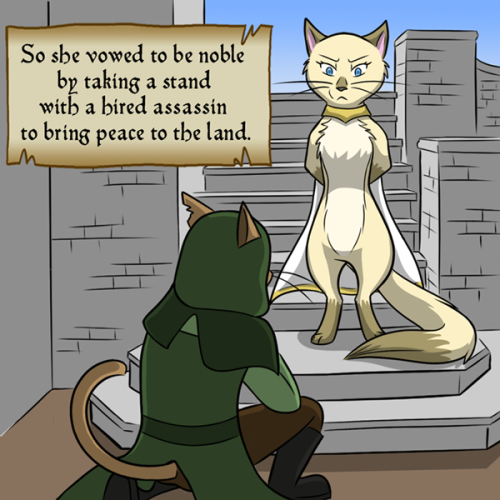 katswenski:  King Felidae —So she took the throne and became the queen, And ruled without being so goddamn mean.(I also recommend watching the video, because the sound is hysterical: https://www.youtube.com/watch?v=COGehsaDkM0) 