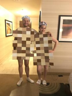 shamelessfunny: Me and my husband in our Halloween costumes as “pixelated naked people.”