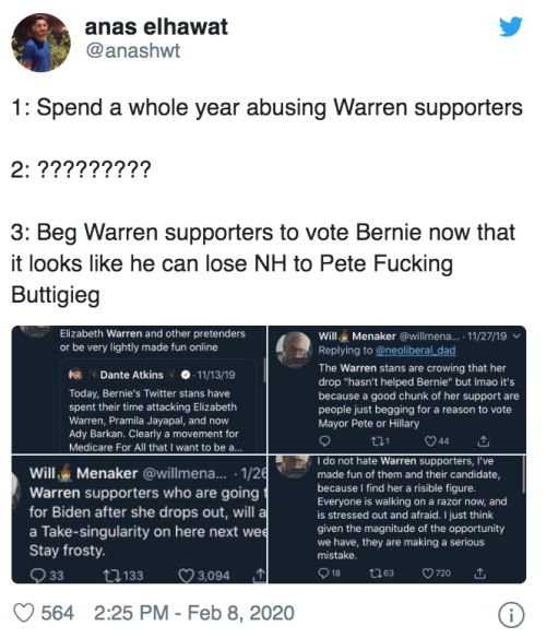 The way online bernie bros treat Elizabeth Warren supporters is usually a good way to tell how the s