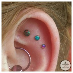 xcopper-and-starsx:  Neat new triple jammer with black, peacock, and purple opal!!! She plans on adding a rook piercing down the line as well! I also pierced her daith about a year ago, but I’m dumb and didn’t turn the bezel. 