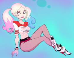 fluffys-art-universe:  Suicide Squad Harley T.A.S. style.. 2 things happened:&gt;Looking at Bruce Timm’s art&gt;Looking at  pictures of Margot Robbie doing cute poses on top of a car as Harley Then this happened, 