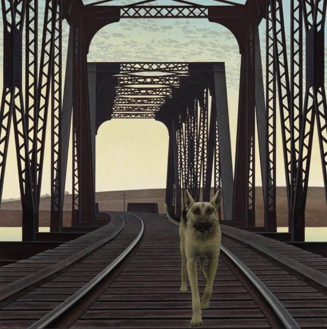 painting of a dog walking along a bridge. The dog REALLY looks like late 1990s or early 2000s video game graphics