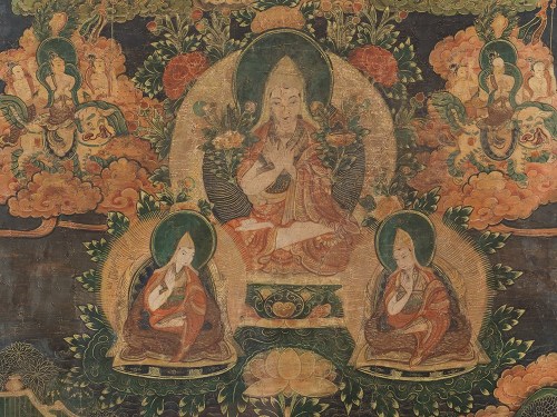 Detail from a thangka depicting Tsongkhapa. Tibet, c. 1900.(Source)