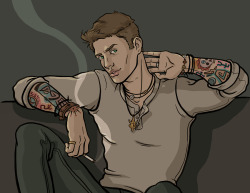 assbutt-in-the-garrison:  thecastielz:  assbutt-in-the-garrison:  dakotaaaa:  What if Dean was (openly) bisexual, smoked, and had full sleeve tattoos of protective symbols and monsters he killed?  I’m shuddering. My lions. Cannot handle this fantasy.