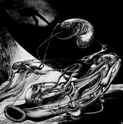 unexplained-events:  Hans Giger The Swiss surrealist famous for his contribution to the Alien franchise. 1)   Astro-Eunuchs, 1967   2)   Li II, 1974   3) Behemoth 4) Xenomorph in Alien: Necronom IV, 1976   5) Monster V: Necronom IV, 1976 6) Alien Egg,