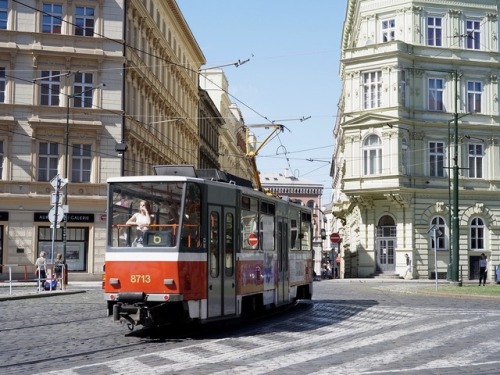 Tram passing through Senovážné náměstí in Prague.