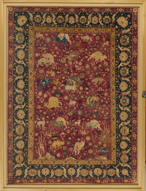 Silk carpet, 16th-century, Iran, 241 x 178 cm, Met Museum, New York. SourceGreat beasts and flowerin