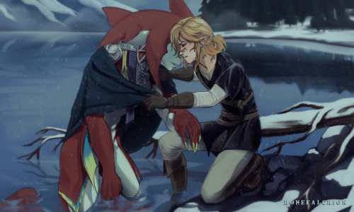 bonefalchion: Winter Exchange gift for @karoviesart! Her requests included Sidon and Link + hypother