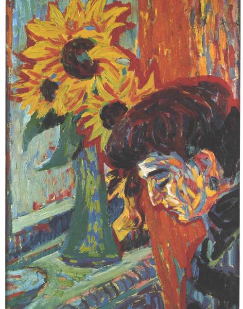 Head Of A Woman In Front Of Sunflowers By Ernst Ludwig Kirchner