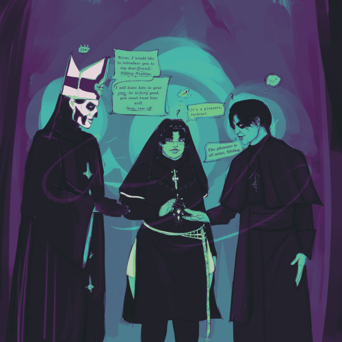 An illustration of Papa Emeritus II introducing Sibling Nephtys to his half-brother, Cardinal Terzo. Secondo is gesturing towards Terzo, Terzo is holding his hand out to Nephtys, which she is reluctantly about to take.
A little thought bubble over Secondo says 'heh!' as he verbally says: Terzo, I would like to introduce you to my dear friend, Sibling Nephtys. I will leave him in your care, he is very good, you must treat him well. Now, run off.
Nephtys's thought bubble reads 'huh?' and they say: It's a pleasure, Cardinal.
Terzo's thought bubble reads 'hot,' as he says: The pleasure is all mine, Sibling.
