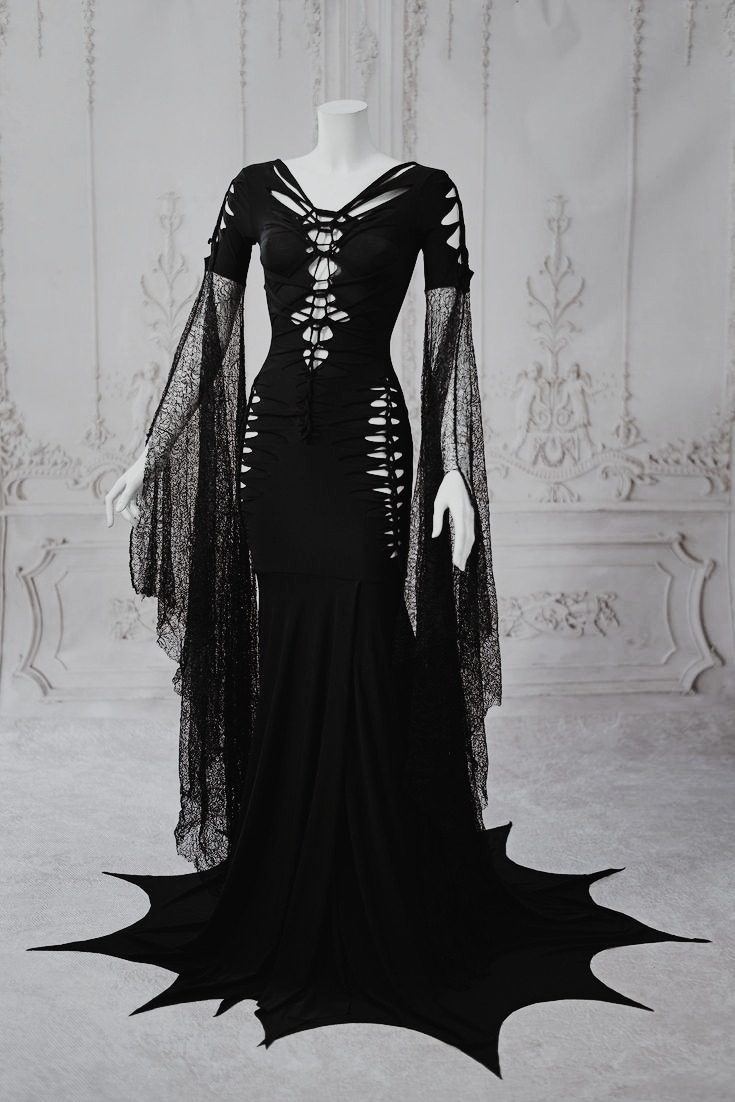 Slashed Dress Morticia Addams Black Gothic Wedding Gown ...