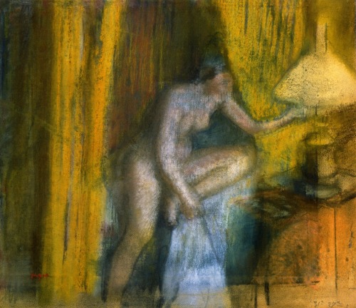 dappledwithshadow:Bedtime (also known as Woman Extinguishing Her Lamp), Edgar Degasc. 1883