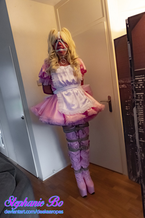 Pink Sissymaid Stephanie Bo standing in the Corner, Bound and Gagged.Not going anywhere.